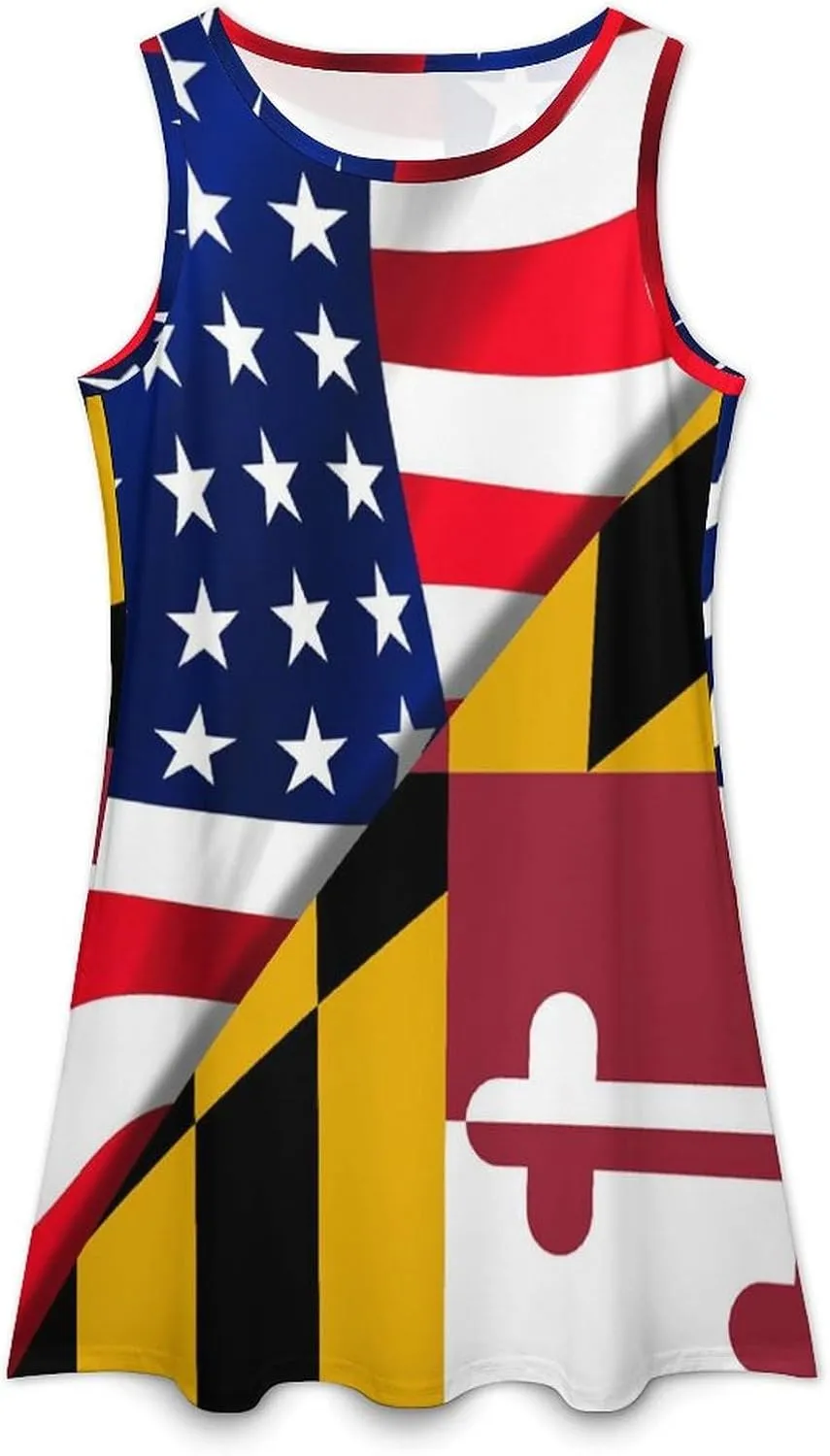 USA Flag and Maryland State Flag Women's Summer Dress Sleeveless Casual Loose Beach Vacation Tank Sundress