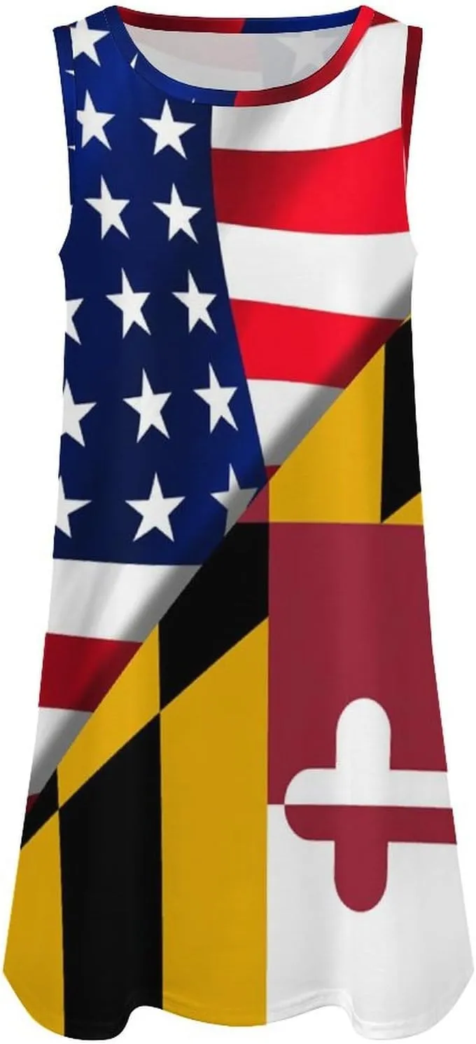 USA Flag and Maryland State Flag Women's Summer Dress Sleeveless Casual Loose Beach Vacation Tank Sundress