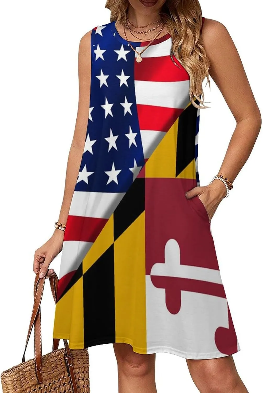 USA Flag and Maryland State Flag Women's Summer Dress Sleeveless Casual Loose Beach Vacation Tank Sundress