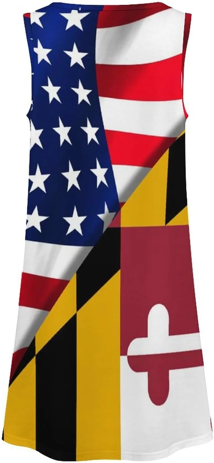 USA Flag and Maryland State Flag Women's Summer Dress Sleeveless Casual Loose Beach Vacation Tank Sundress