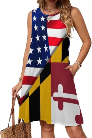 USA Flag and Maryland State Flag Women's Summer Dress Sleeveless Casual Loose Beach Vacation Tank Sundress