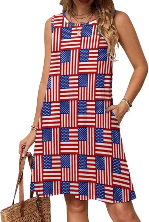 USA Flag Women's Summer Dress Sleeveless Casual Loose Beach Vacation Tank Sundress