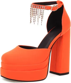 VARECOLA Women Fringe Silk Satin Platform Pumps Ankle Strap Chunky High Heels Dress Shoes