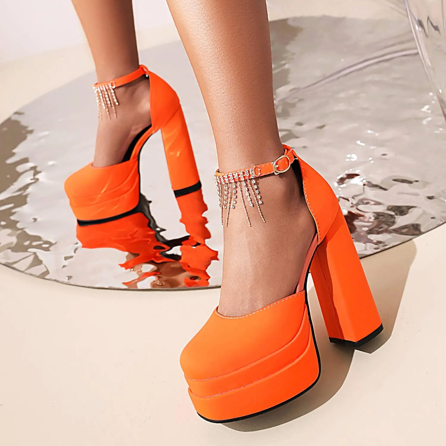 VARECOLA Women Fringe Silk Satin Platform Pumps Ankle Strap Chunky High Heels Dress Shoes