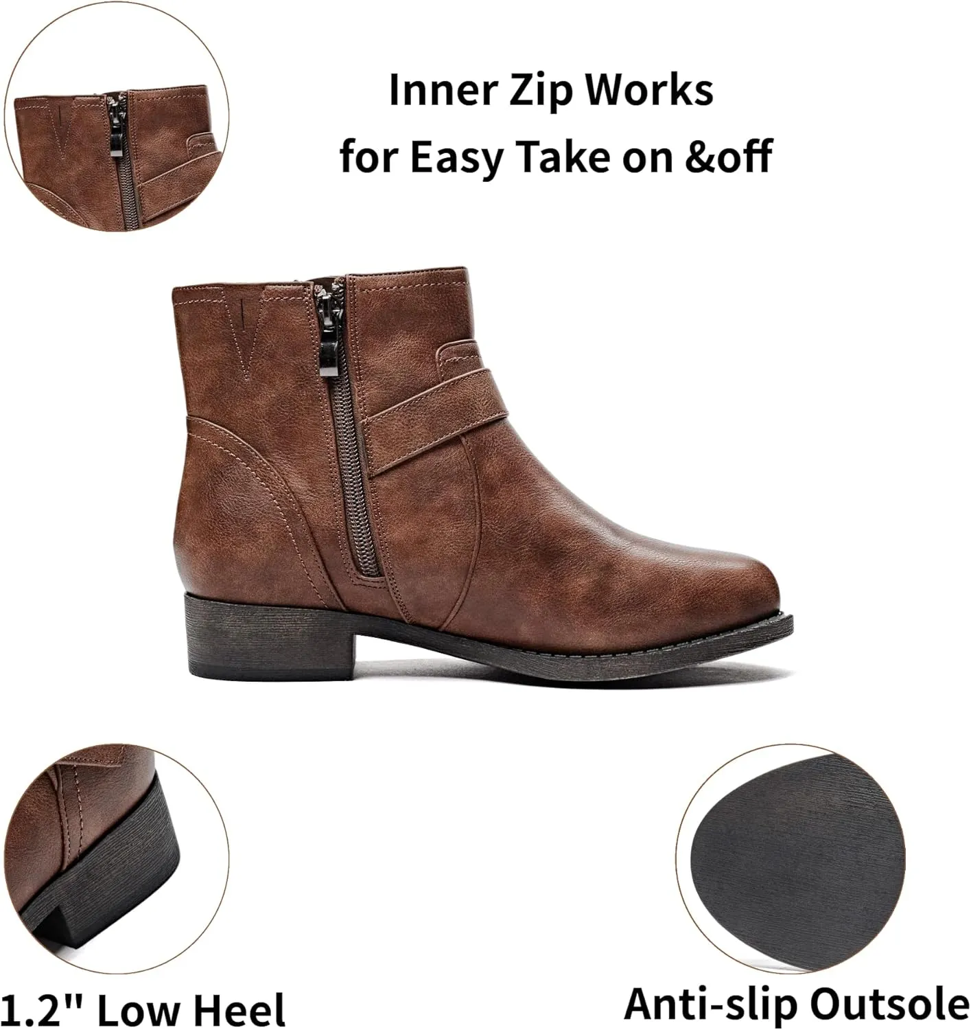Veittes Women's Ankle Boots - Classic Side Zip, Cover with Buckle Strap, Comfortable Platform, Round Toe, Low Chunky Heel Comfort Slip On Fashion (Black/Dark Brown/Grey) Boots