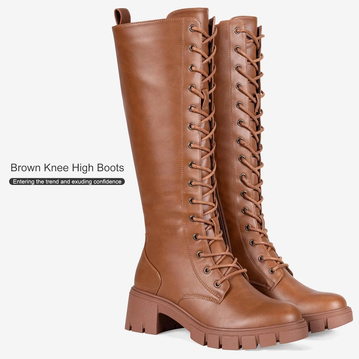 Vepose Women's 953 Lace Platform Combat Knee High Boots with Comfort Chunky Heel