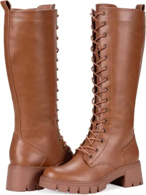 Vepose Women's 953 Lace Platform Combat Knee High Boots with Comfort Chunky Heel