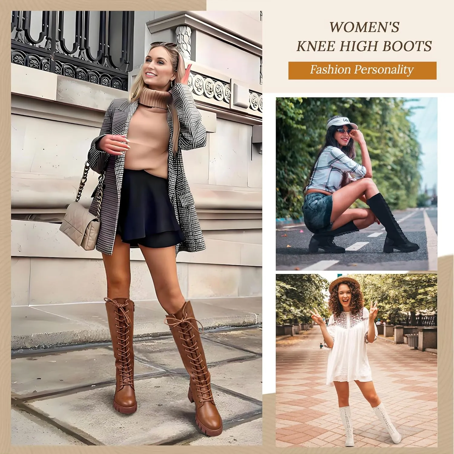 Vepose Women's 953 Lace Platform Combat Knee High Boots with Comfort Chunky Heel