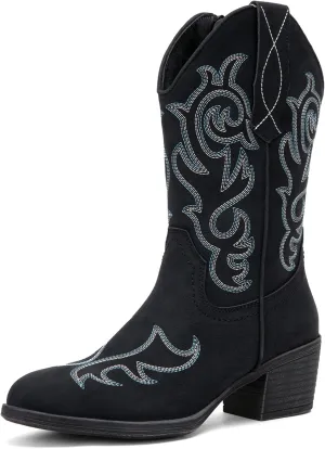 Vepose Women’s Cowboy Mid Calf Boots Cowgirl Western Embroidered Chunky Low Heel 9800 Boots with Zipper