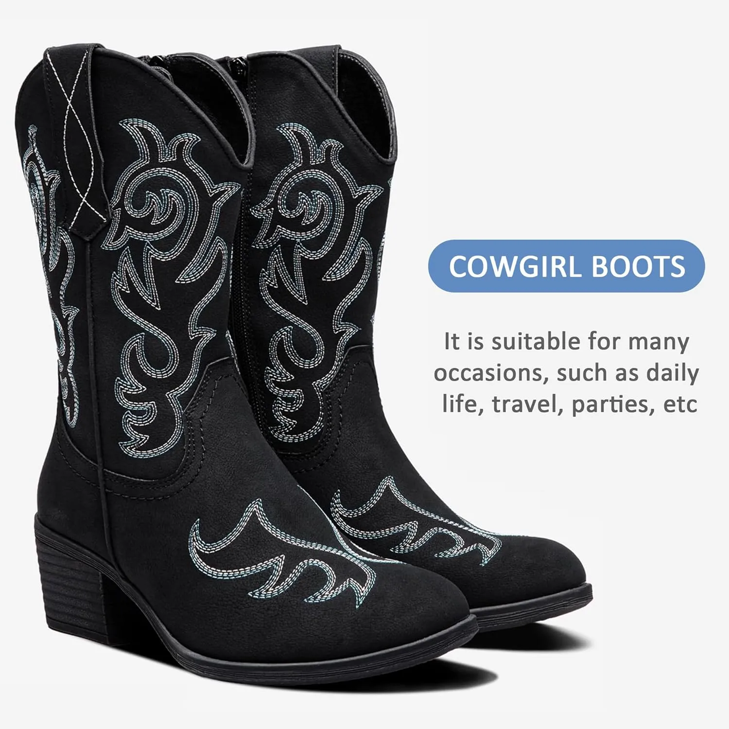 Vepose Women’s Cowboy Mid Calf Boots Cowgirl Western Embroidered Chunky Low Heel 9800 Boots with Zipper