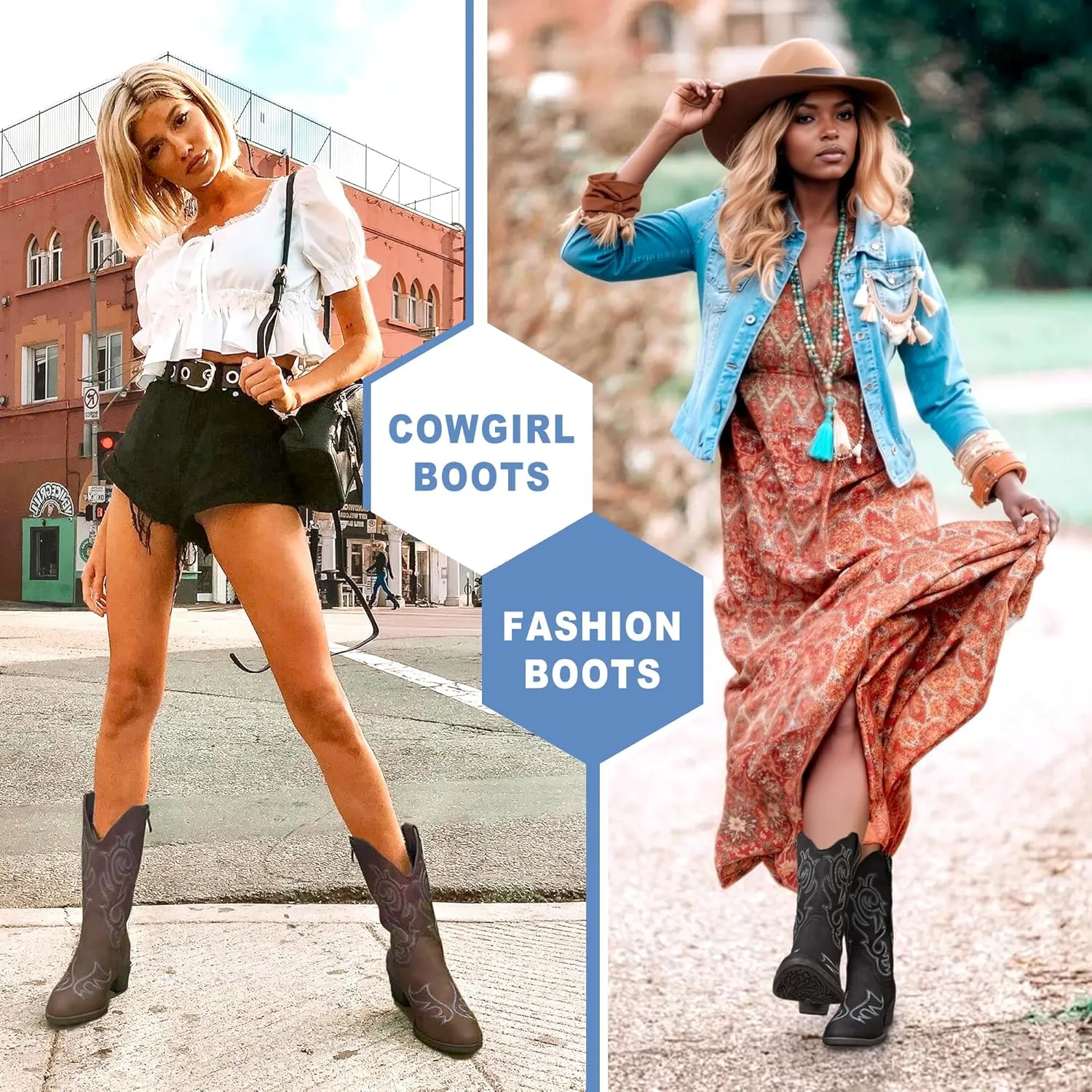 Vepose Women’s Cowboy Mid Calf Boots Cowgirl Western Embroidered Chunky Low Heel 9800 Boots with Zipper
