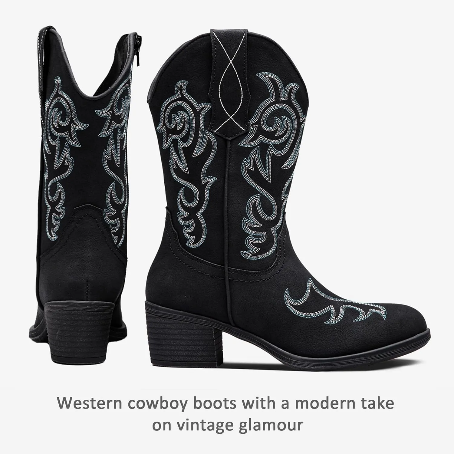 Vepose Women’s Cowboy Mid Calf Boots Cowgirl Western Embroidered Chunky Low Heel 9800 Boots with Zipper