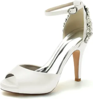 VULTRO Womens Ladies Platform High Heel Peep Toe Ankle Strap Satin Wedding Party Bridal Shoes