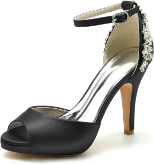 VULTRO Womens Ladies Platform High Heel Peep Toe Ankle Strap Satin Wedding Party Bridal Shoes