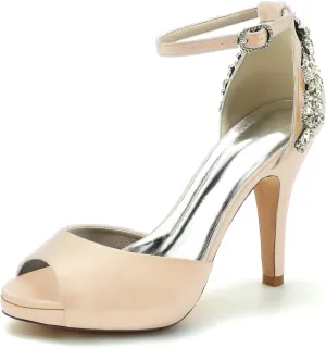 VULTRO Womens Ladies Platform High Heel Peep Toe Ankle Strap Satin Wedding Party Bridal Shoes