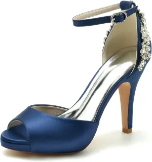 VULTRO Womens Ladies Platform High Heel Peep Toe Ankle Strap Satin Wedding Party Bridal Shoes