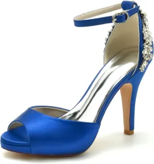 VULTRO Womens Ladies Platform High Heel Peep Toe Ankle Strap Satin Wedding Party Bridal Shoes