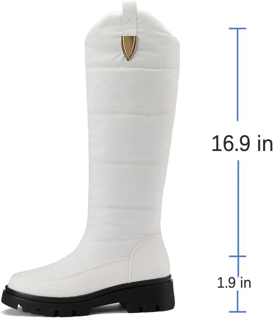 Warm Waterproof Winter Down Knee-high Boots for Women Thickened Insulated Faux Fur Lined Mid-Calf Boots Comfort Heat Retain Outdoor Cold Lightweight Snow Boots