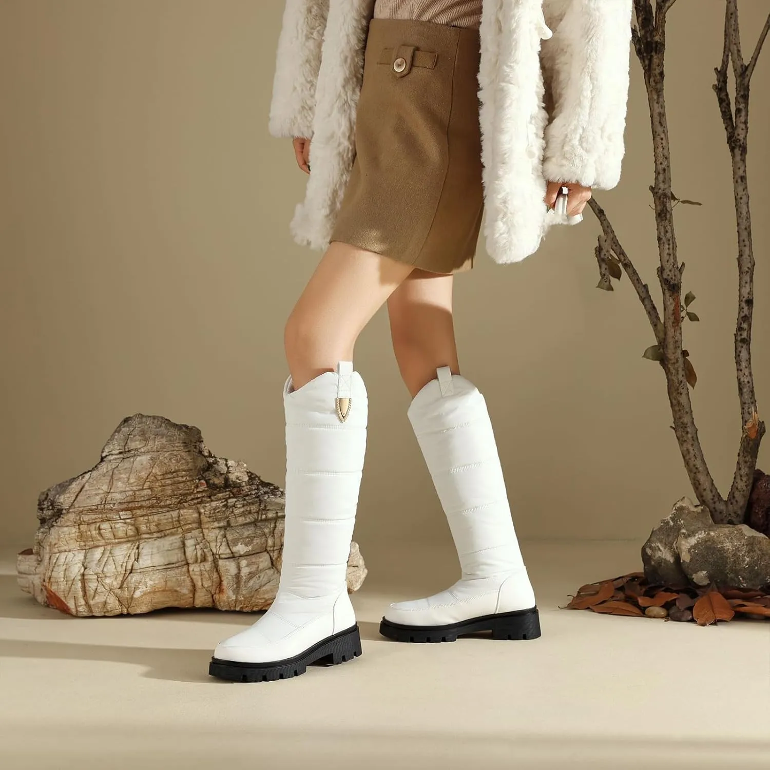 Warm Waterproof Winter Down Knee-high Boots for Women Thickened Insulated Faux Fur Lined Mid-Calf Boots Comfort Heat Retain Outdoor Cold Lightweight Snow Boots