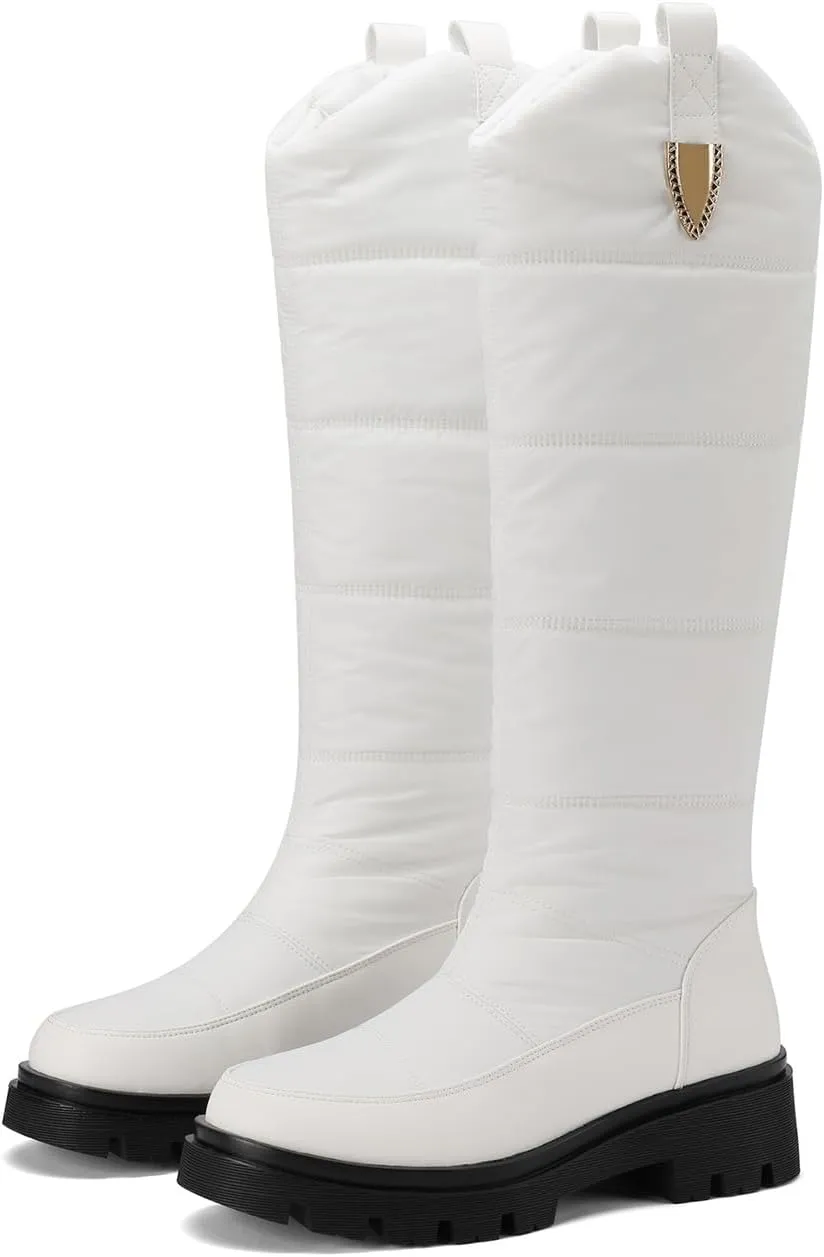 Warm Waterproof Winter Down Knee-high Boots for Women Thickened Insulated Faux Fur Lined Mid-Calf Boots Comfort Heat Retain Outdoor Cold Lightweight Snow Boots