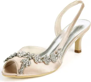 Wedding Peep-Toe Heels with Rhinestones Slip-On Bridal Shoes for The Bride - Perfect for Evening Parties, Proms, & Satin Dress Occasions