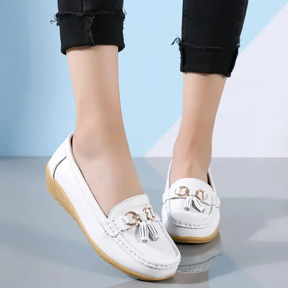 WERWAES Casual Women’s Loafers Flat Metal Buckle Comfortable Lightweight Penny Loafers for Womens Leather Slip-on Outdoor Driving Moccasion Boat Shoes