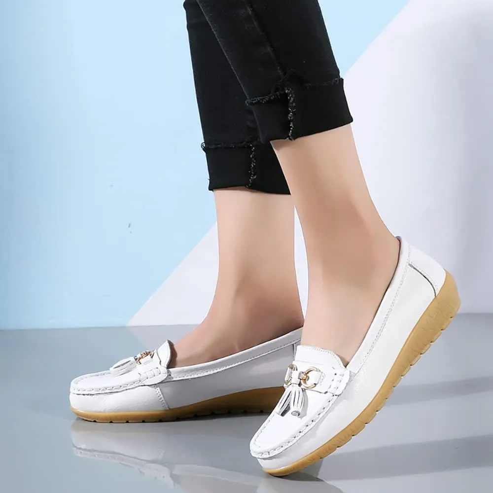 WERWAES Casual Women’s Loafers Flat Metal Buckle Comfortable Lightweight Penny Loafers for Womens Leather Slip-on Outdoor Driving Moccasion Boat Shoes