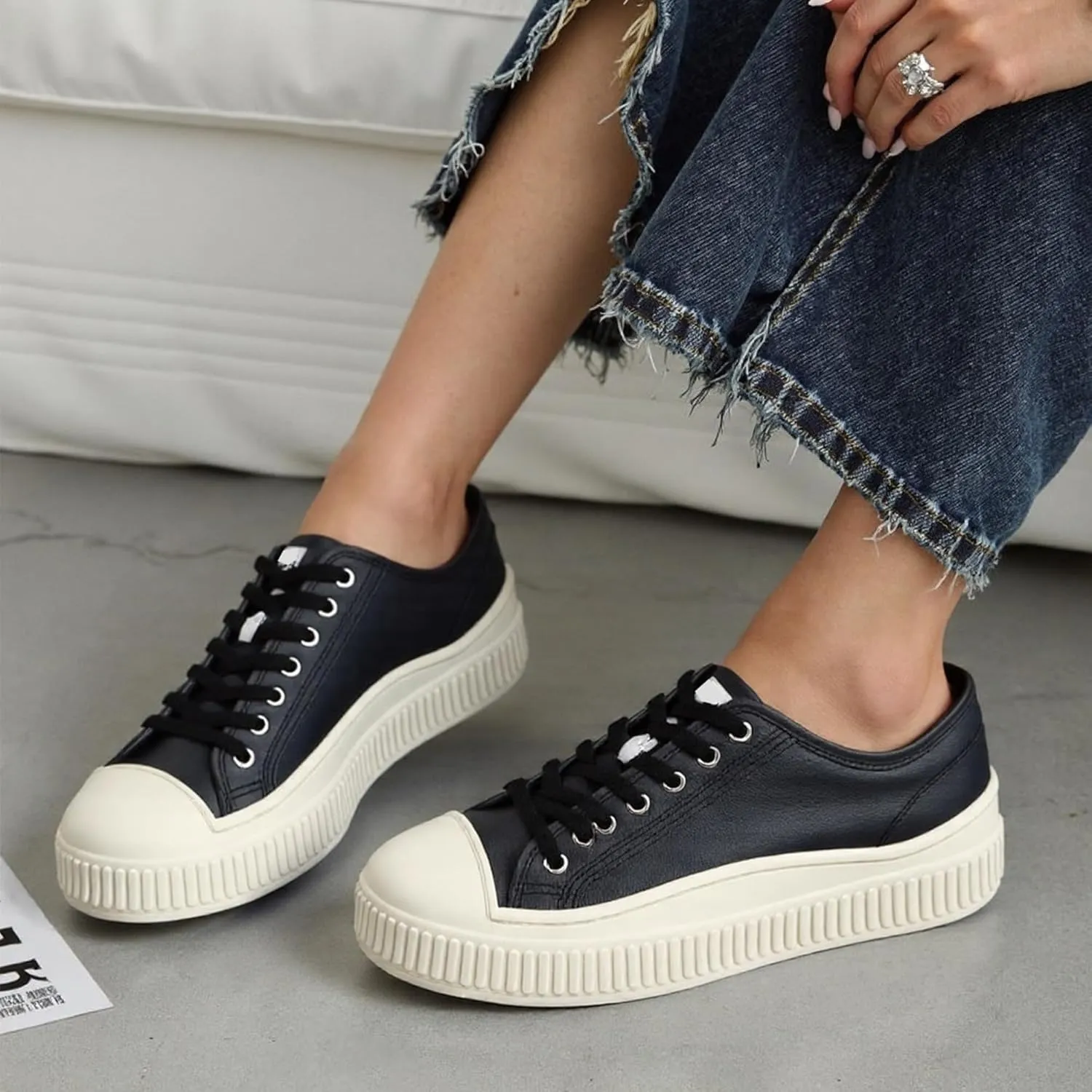White Genuine Leather Tennis Shoes Womens Sneakers Fashion Casual Sneakers for Women Low Top Lace Up Walking Shoes