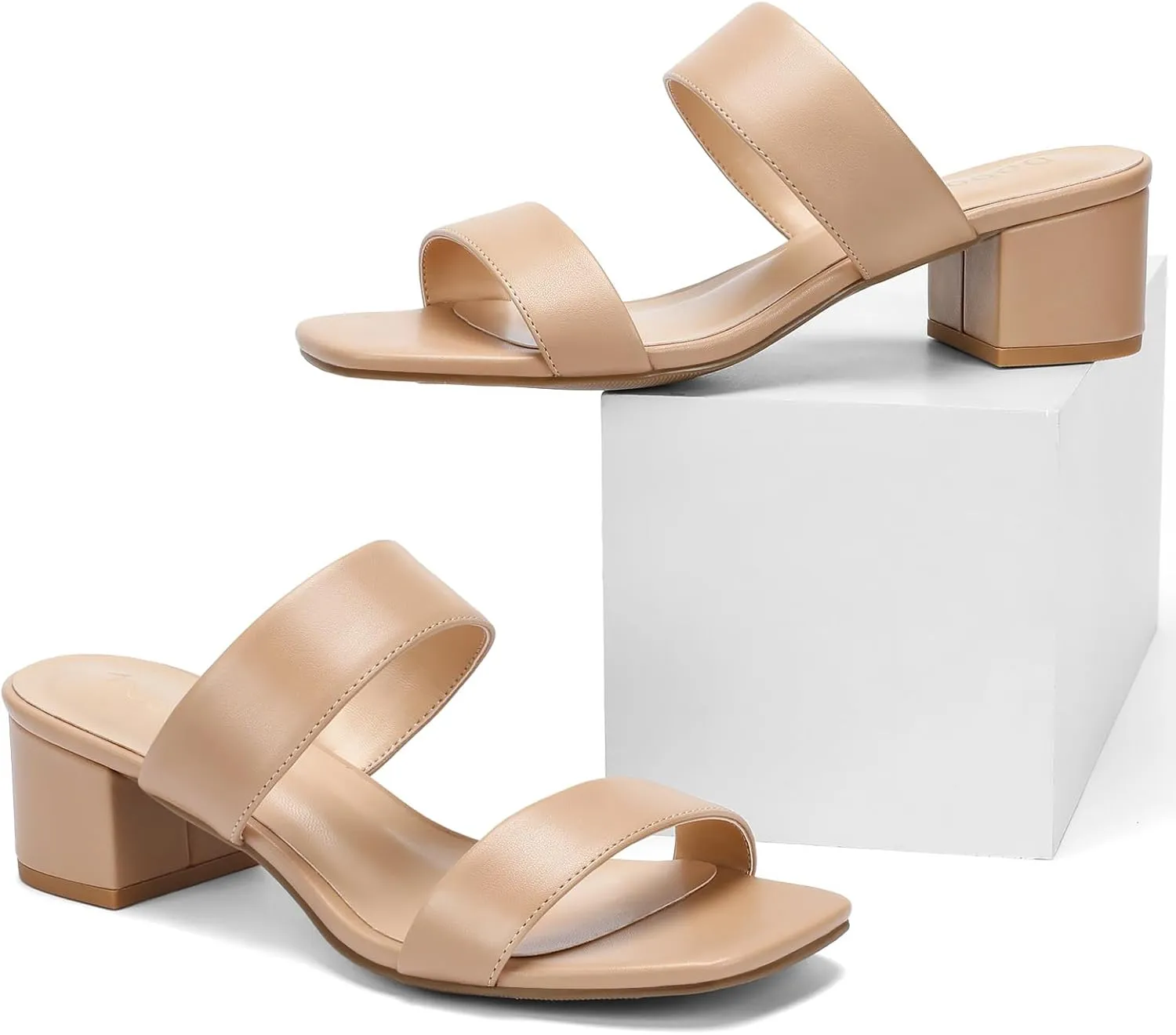 Wide Width Women's Heeled Sandals Two Strap Square Open Toe Sandals Low Heels 2-Inch Chunky Dress Shoes
