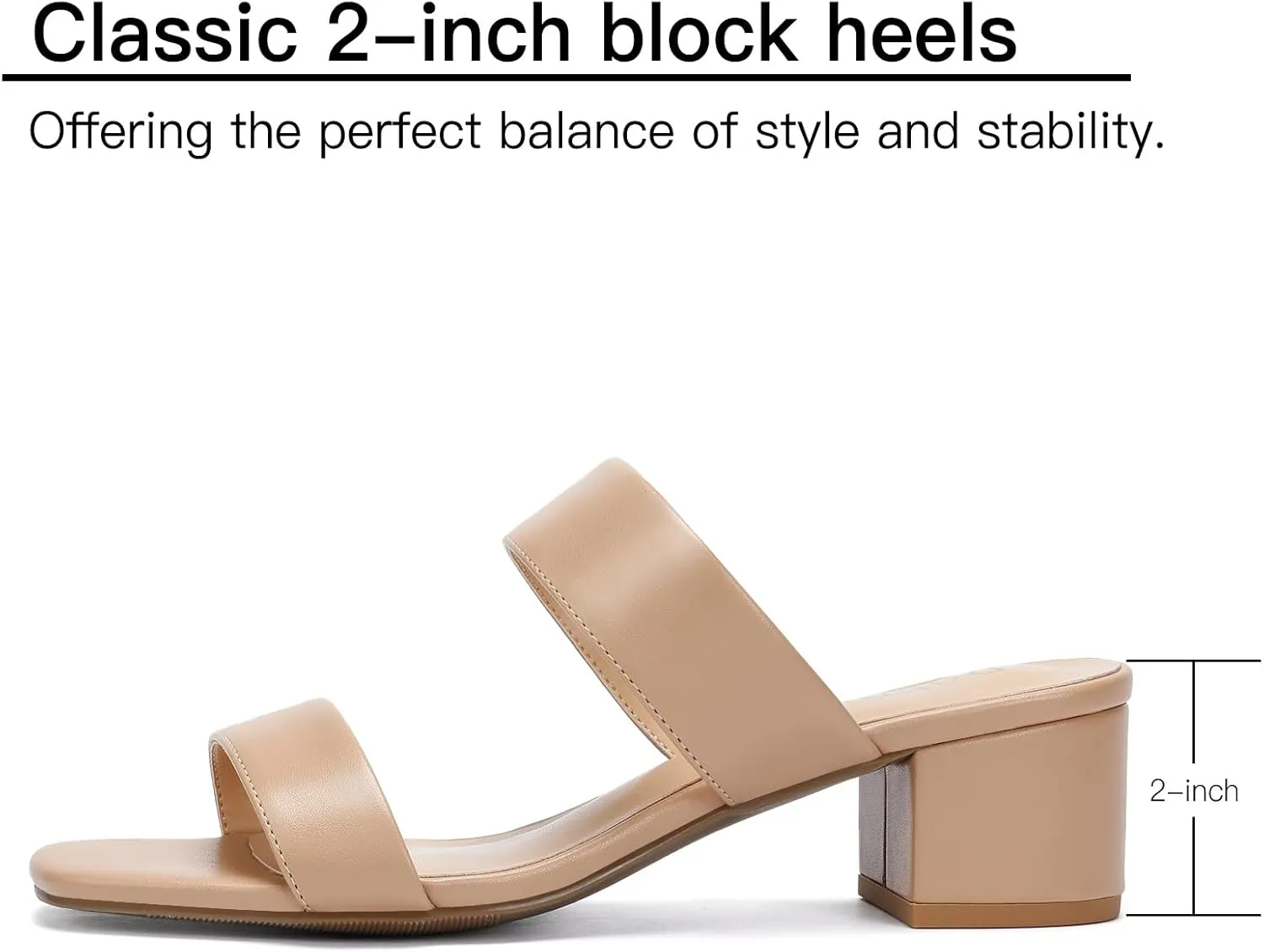 Wide Width Women's Heeled Sandals Two Strap Square Open Toe Sandals Low Heels 2-Inch Chunky Dress Shoes