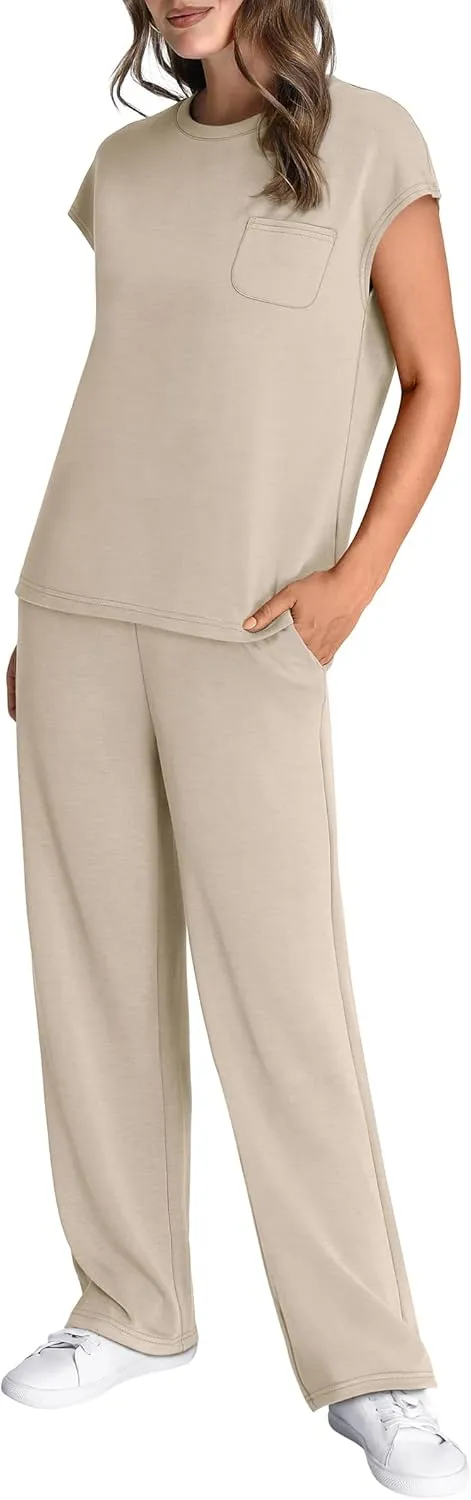 WIHOLL 2 Piece Sets for Women Casual Summer Travel Vacation Outfits Cap Sleeve Lounge Set