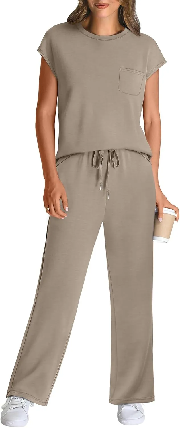 WIHOLL 2 Piece Sets for Women Casual Summer Travel Vacation Outfits Cap Sleeve Lounge Set