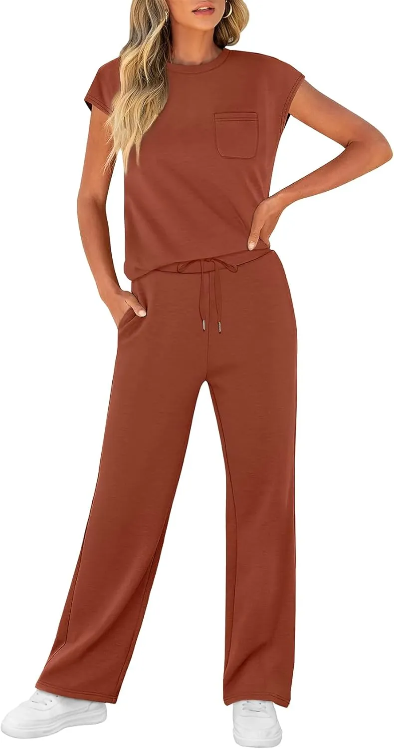 WIHOLL 2 Piece Sets for Women Casual Summer Travel Vacation Outfits Cap Sleeve Lounge Set