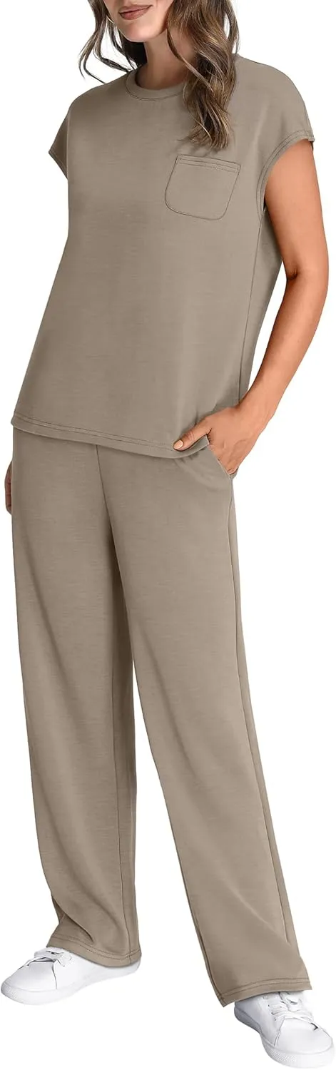 WIHOLL 2 Piece Sets for Women Casual Summer Travel Vacation Outfits Cap Sleeve Lounge Set