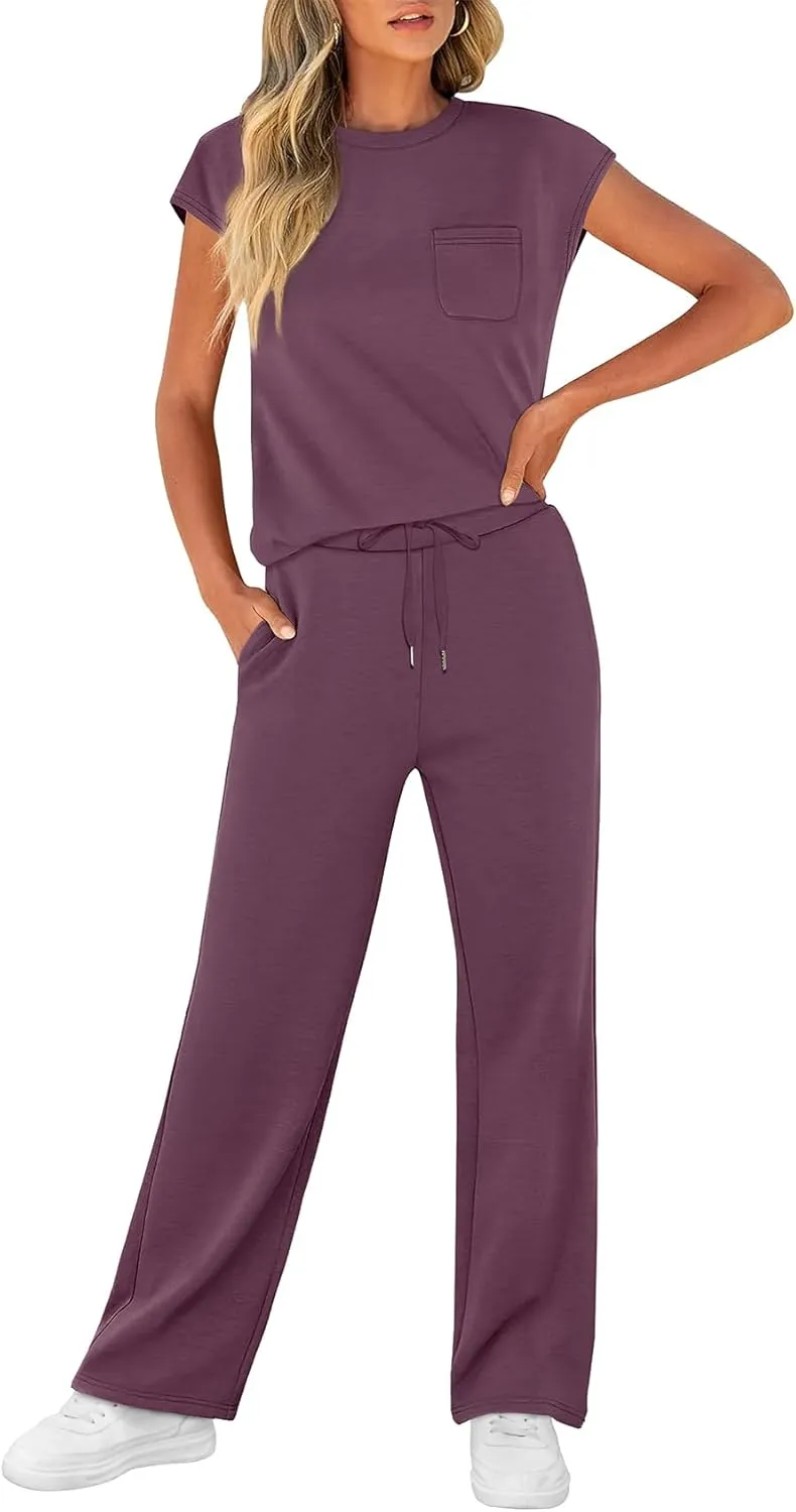 WIHOLL 2 Piece Sets for Women Casual Summer Travel Vacation Outfits Cap Sleeve Lounge Set