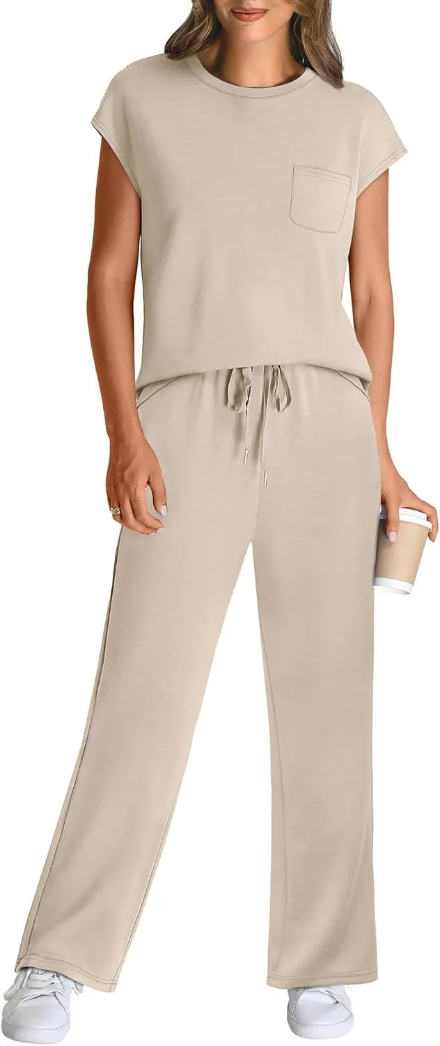WIHOLL 2 Piece Sets for Women Casual Summer Travel Vacation Outfits Cap Sleeve Lounge Set