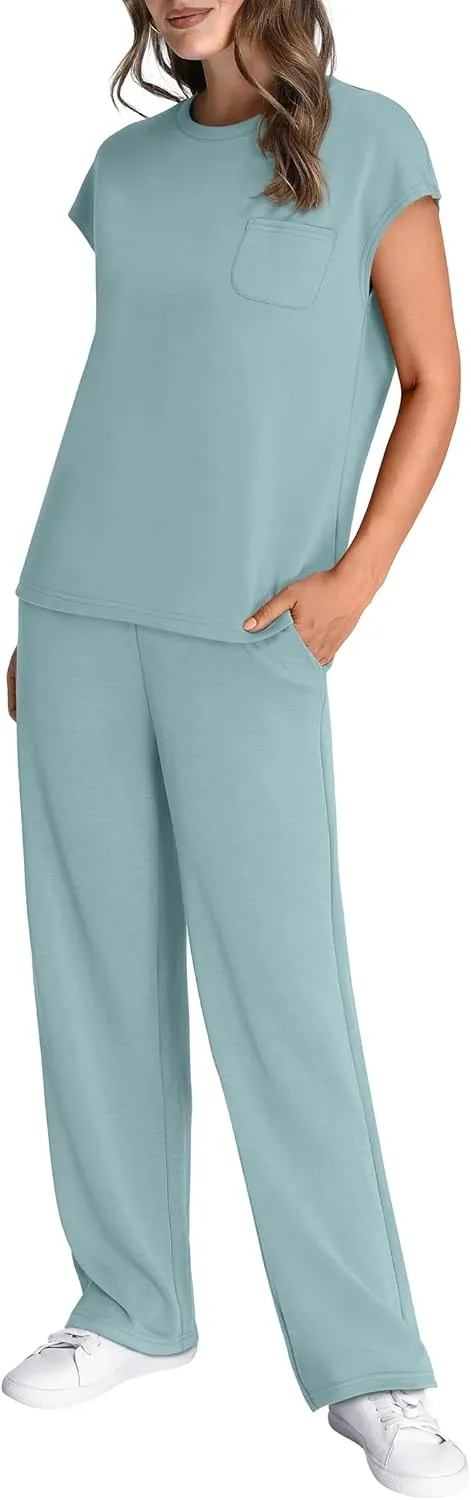 WIHOLL 2 Piece Sets for Women Casual Summer Travel Vacation Outfits Cap Sleeve Lounge Set