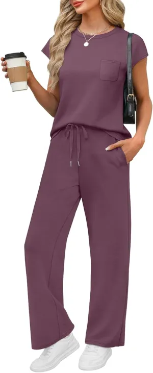WIHOLL 2 Piece Sets for Women Casual Summer Travel Vacation Outfits Cap Sleeve Lounge Set