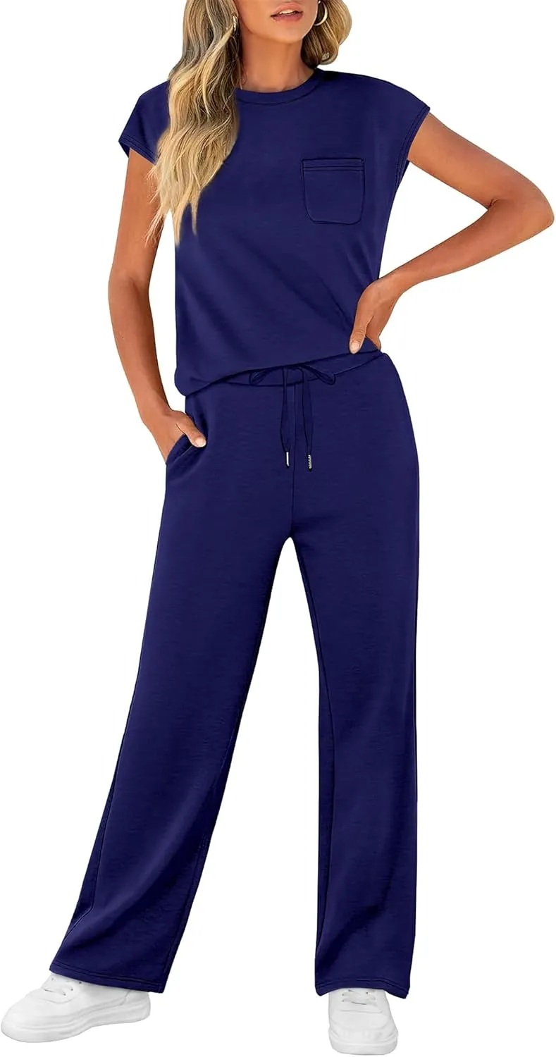 WIHOLL 2 Piece Sets for Women Casual Summer Travel Vacation Outfits Cap Sleeve Lounge Set