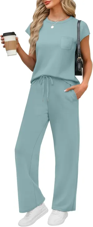 WIHOLL 2 Piece Sets for Women Casual Summer Travel Vacation Outfits Cap Sleeve Lounge Set