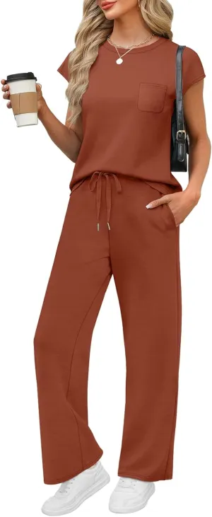 WIHOLL 2 Piece Sets for Women Casual Summer Travel Vacation Outfits Cap Sleeve Lounge Set