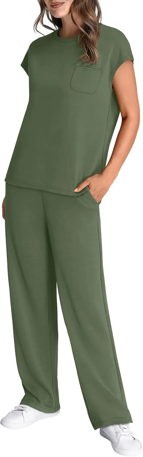 WIHOLL 2 Piece Sets for Women Casual Summer Travel Vacation Outfits Cap Sleeve Lounge Set