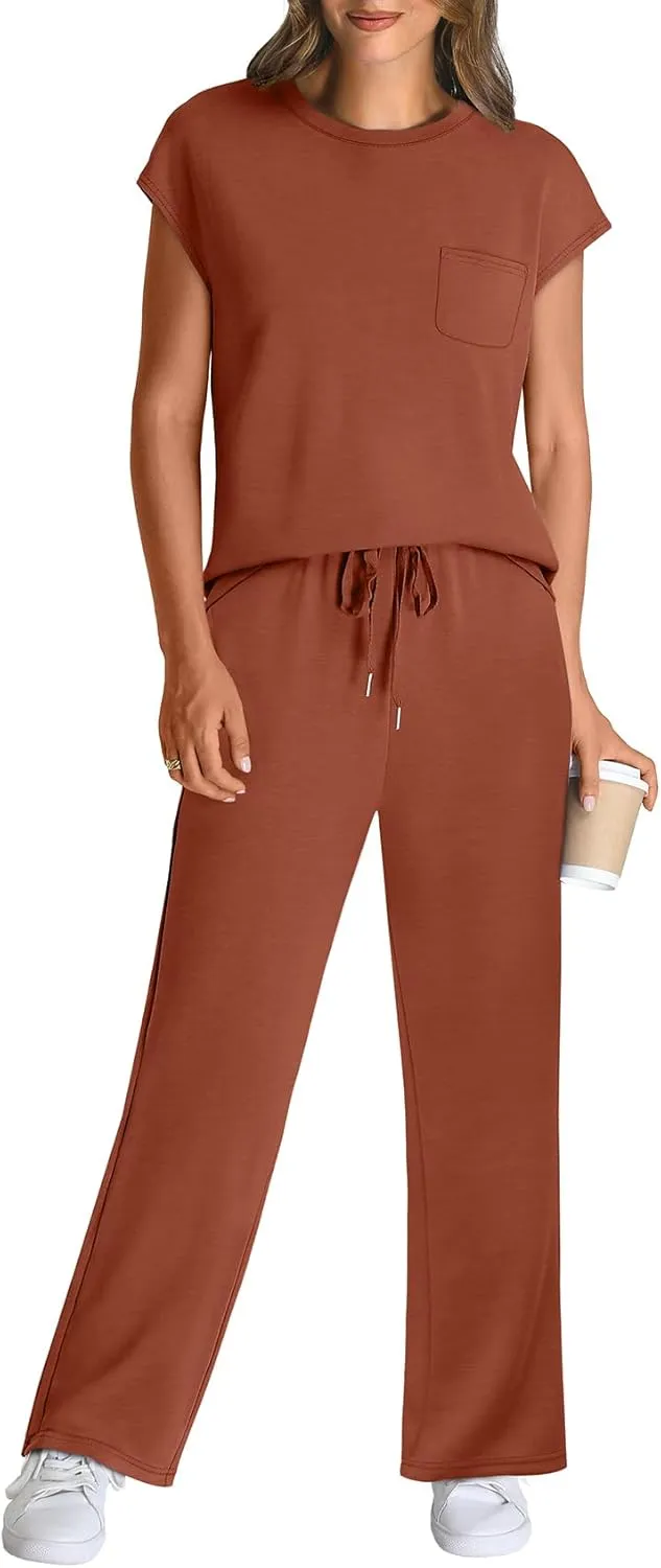 WIHOLL 2 Piece Sets for Women Casual Summer Travel Vacation Outfits Cap Sleeve Lounge Set