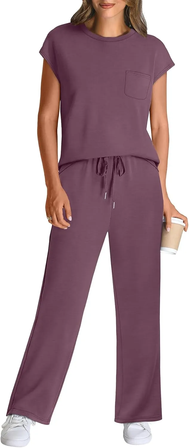 WIHOLL 2 Piece Sets for Women Casual Summer Travel Vacation Outfits Cap Sleeve Lounge Set