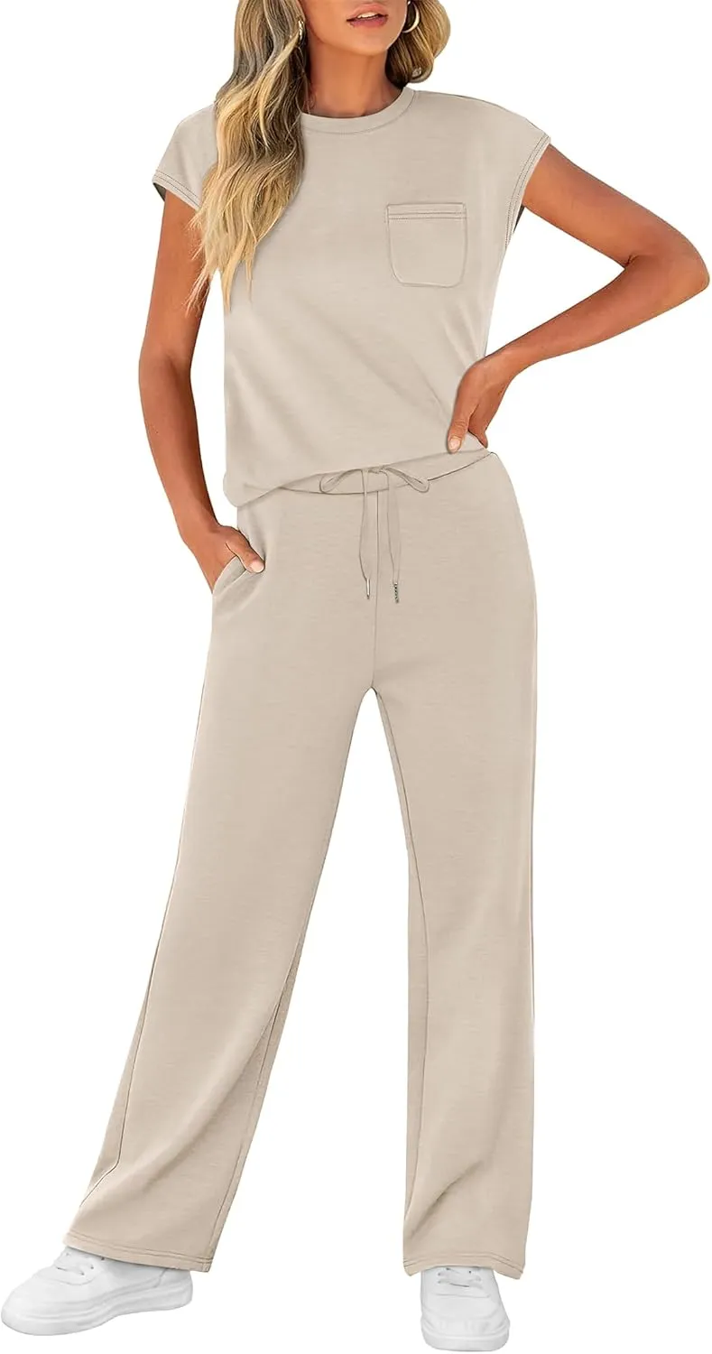 WIHOLL 2 Piece Sets for Women Casual Summer Travel Vacation Outfits Cap Sleeve Lounge Set