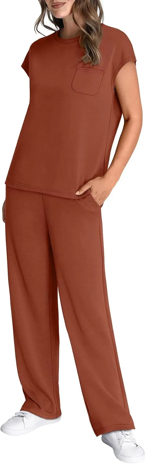WIHOLL 2 Piece Sets for Women Casual Summer Travel Vacation Outfits Cap Sleeve Lounge Set