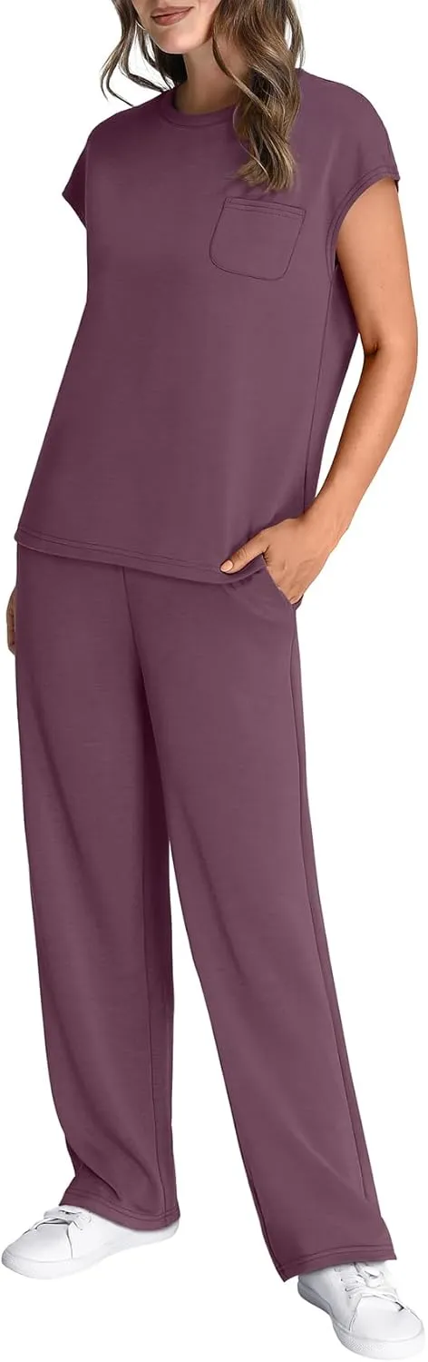 WIHOLL 2 Piece Sets for Women Casual Summer Travel Vacation Outfits Cap Sleeve Lounge Set