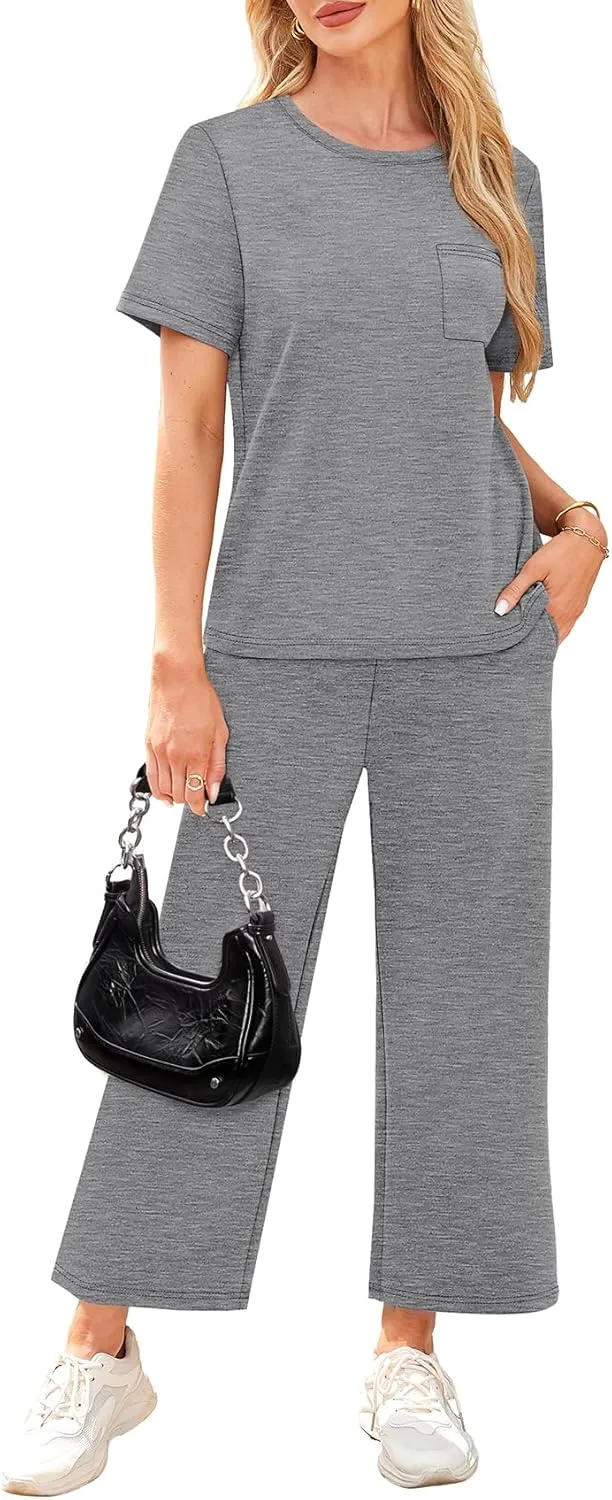 WIHOLL 2 Piece Sets for Women Casual Summer Travel Vacation Outfits Short Sleeve Wide Leg Crop Pants Lounge Sets