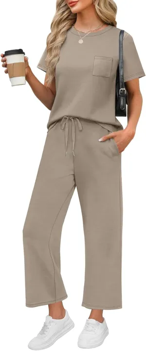 WIHOLL 2 Piece Sets for Women Casual Summer Travel Vacation Outfits Short Sleeve Wide Leg Crop Pants Lounge Sets