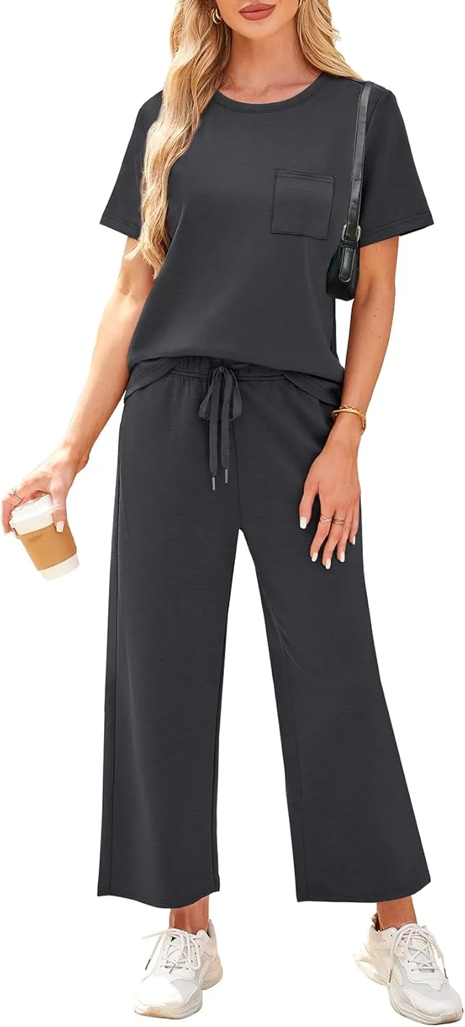 WIHOLL 2 Piece Sets for Women Casual Summer Travel Vacation Outfits Short Sleeve Wide Leg Crop Pants Lounge Sets